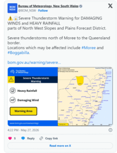 Bang New South Wales cảnh báo nguy cơ lũ lụt do mưa lớn và giông bão