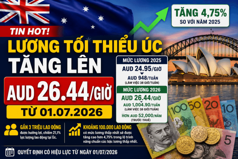 Lương tối thiểu Úc tăng lên 26.44 AUD/giờ từ 01/07/2026, gần 3 triệu lao động được hưởng lợi