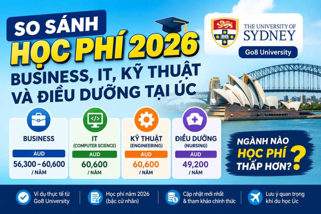 So Sánh Học Phí Business, IT, Kỹ Thuật Và Điều Dưỡng Tại Úc 2026: Ví Dụ Thực Tế Từ University of Sydney (Go8)