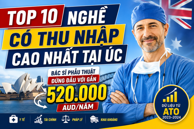 Top 10 nghề có thu nhập cao nhất tại Úc năm 2026: Bác sĩ phẫu thuật đứng đầu với gần 520.000 AUD/năm