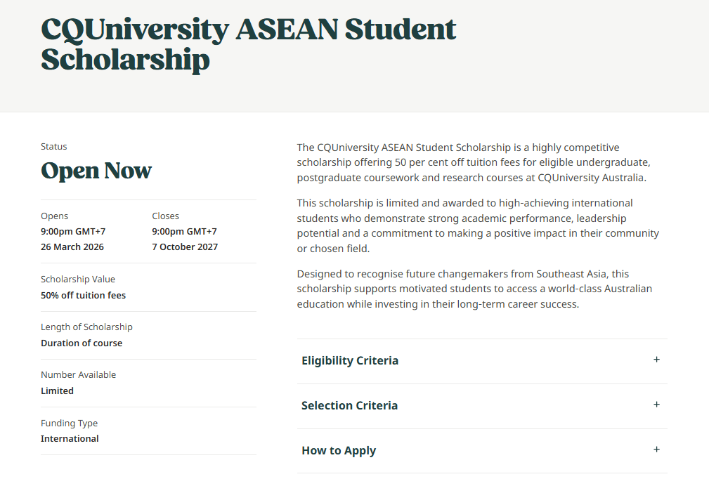 CQUniversity ASEAN Student Scholarship